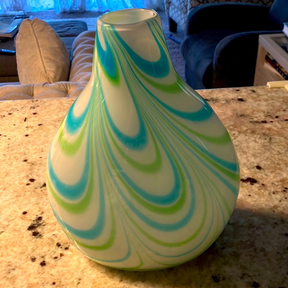 Hand Blown Art Glass Vase White, Green & Blue by Margie's Garden 11"